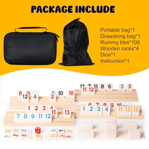 Rummy Cube Game Set, 106 Rummy Tiles with 4 Wooden Racks/Trays, Portable Carrying Case, Classic Family Board Game for Travel and Fun Gatherings - style: 4 players with 106 tiles