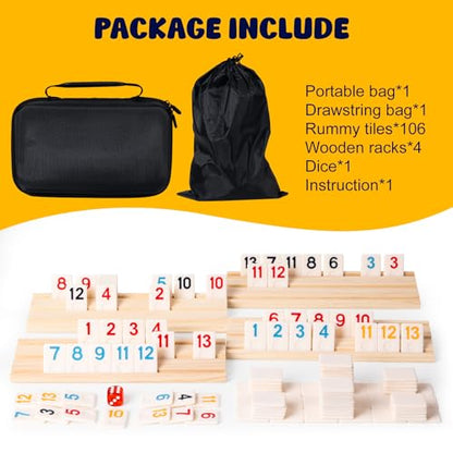 Rummy Cube Game Set, 106 Rummy Tiles with 4 Wooden Racks/Trays, Portable Carrying Case, Classic Family Board Game for Travel and Fun Gatherings - style: 4 players with 106 tiles