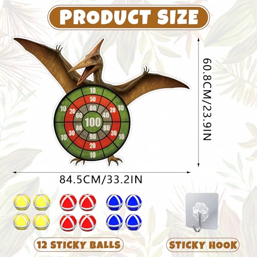Pterosaur Dinosaur Themed Toss Game Banner with 12 Sticky Balls, 30” Large Dino Dart Board for Indoor Outdoor Games Birthday Party Supplies