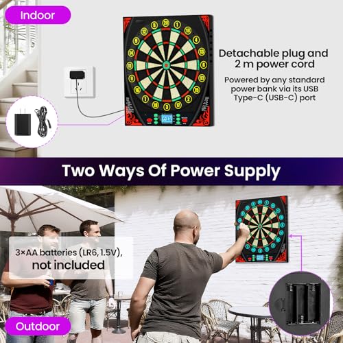 Electronic Dart Boards for Adults with Illuminated Number Ring&Backlit LED Display, Digital Dart Board Electronic with 34 Games&369 Options, Electronic Soft Tip Dart Board Set for 1-8 Players