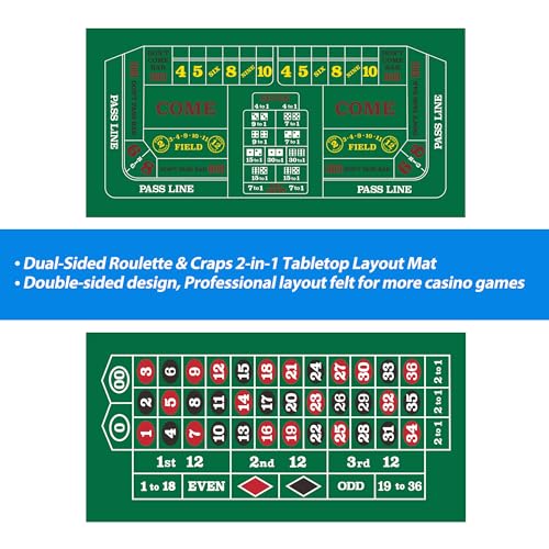 GSE Games & Sports Expert 36" x 72" Double-Sided Casino Layout Felt, Las Vegas Style Tabletop Mat for Parties, Home Entertainment, Poker Game Night - style: Roulette&Craps