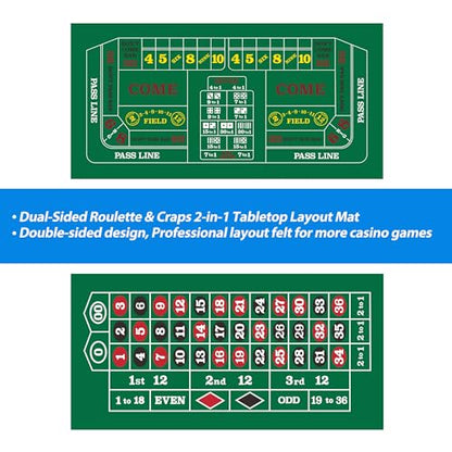GSE Games & Sports Expert 36" x 72" Double-Sided Casino Layout Felt, Las Vegas Style Tabletop Mat for Parties, Home Entertainment, Poker Game Night - style: Roulette&Craps