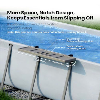POOLCOMFT Pool Bar - Above Ground Poolside Table with 5 Cup Holders, 47"×11" Foldable Swim Up Bar for Round/Oval/Rectangular Frame Swimming Pools, Above Ground Pool Accessories, Includes Storage Bag - color: Brown Pool Bar