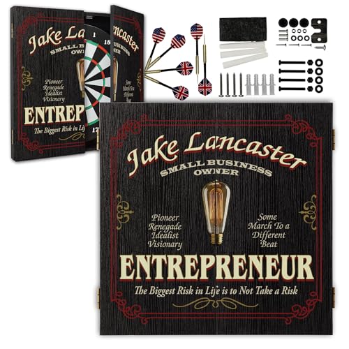 Personalized Dart Board Cabinet Set with 6 Steel Tip Darts, Paper Fibre Dartboard, Chalk & Eraser (21.5 x 21.5 x 2.75") - Occupational Man Cave Dart Boards for Adults - Entrepeneur (428) - style: Entrepreneur Dartboard & Cabinet Set