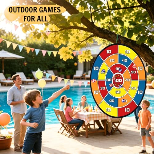 Outdoor Games Upgraded Set: Large Dart Boards with 12 Sticky Darts, 29" Tic Tac Toe with 12 Balls, Double Fun for Kids Family Summer Backyard Pool Beach Party Games