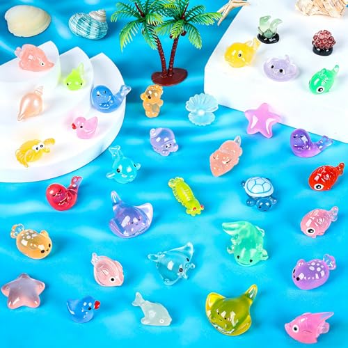 120PCS Luminous Mini Ocean Resin Animals 20 Style Glow in The Dark Tiny Sea Animal Figurines Miniature Plastic Animals Aquarium Decoration for DIY Crafts Fish Tank Potted Fairy Garden Dollhouse - style: 120Pcs-Ocean