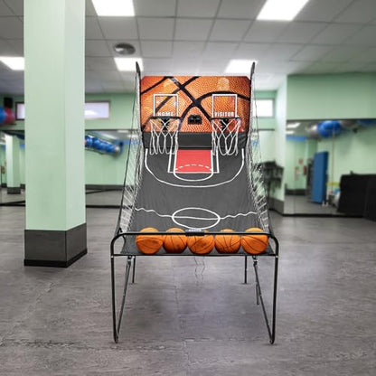 Dual-Shot Basketball Arcade Game - 8 Game Modes, 2-Player Support, LED Scoreboard, Includes 5 Basketballs & Inflator, Collapsible Design for Home/Backyard/Playroom