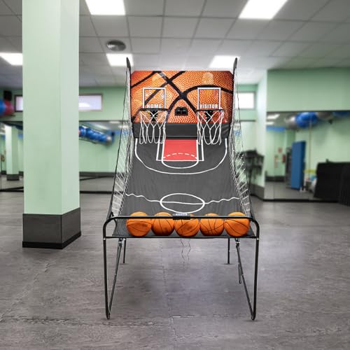 Dual Hoop Basketball Arcade Game, 8 Game Modes Foldable Shot 2Player w/ 5 Balls, Inflation Pump and LED Scoring System, Indoor Basketball Hoop for All Players, Home, Playground, Shopping Malls