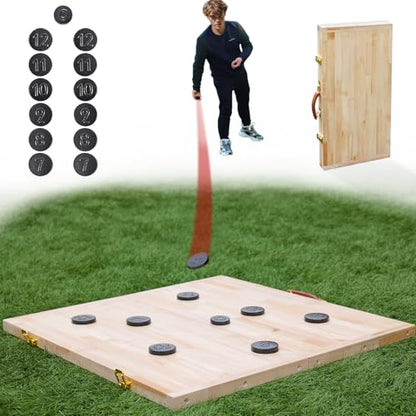 Lawn Outdoor Family Game Wooden Breton Palet Board Game Solid Wood Gaming Board Cornhole Board with 12 Metal Discs Palet Breton Game Set Backyard Games (Log)