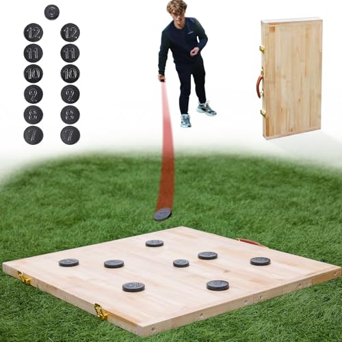 Lawn Outdoor Family Game Wooden Breton Palet Board Game Solid Wood Gaming Board Cornhole Board with 12 Metal Discs Palet Breton Game Set Backyard Games (Log)