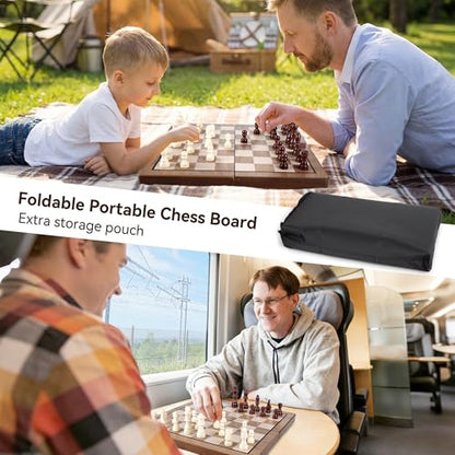 Hvygss 15 Inch Magnetic Chess Board, Foldable Wooden Chess Set with Checkers, Handcrafted Pieces with 2 Extra Queens, Portable Travel Board Game for Kids 6+ (Walnut Style, 15 Inch)