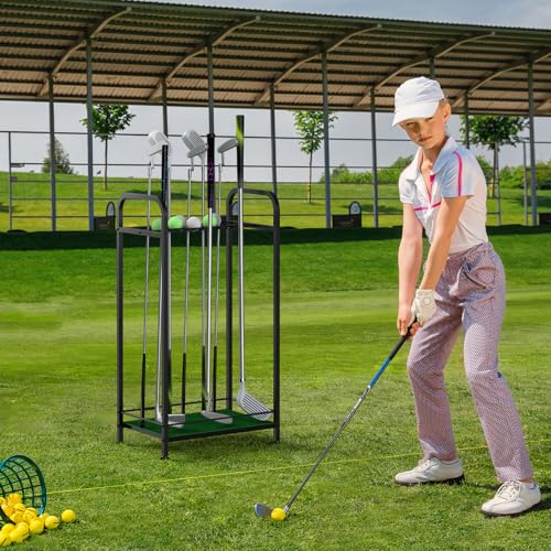 Golf Club Holder Stand Metal Golf Club Rack for 33 Clubs & Golf Balls, Golf Ball Holder Display with Artificial Turf Mat, Floor Standing Golf Storage Organizer for Home Garage Indoor Simulator