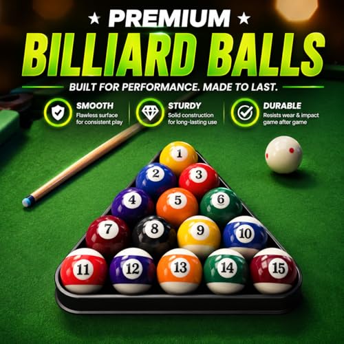 HMQQ Billiard Balls Set, 2-1/4" Regulation Size Pool Table Balls, Complete 16 Resin Pool Ball Set with Cue Ball, Smooth True Roll, Polished Finish for 8-Ball & Home Bar Tables - style: 2-1/4" Billiard Balls