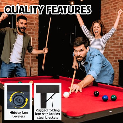 Freetime Fun 6 FT Pool Table, No Assembly, Portable, Includes Billiard Tables Accessories- 2 Pool Cues, Set of Balls, Triangle, Pool Table Brush, Chalk - color: Red Felt