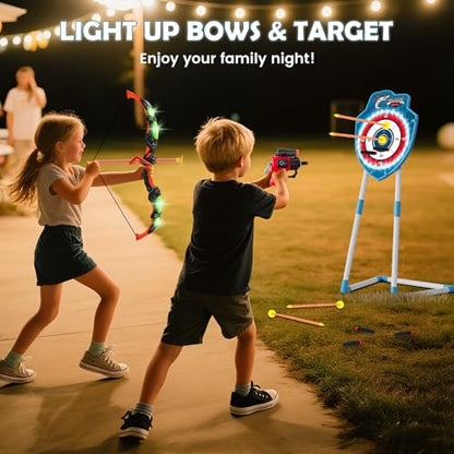 VATOS 2 Pack Bow and Arrow Toy with LED Light - 4 in 1 Archery & Dart Game Set with 20 Suction Cup Arrows, Shark Glow Target & Dart Board - Indoor/Outdoor Birthday Gift for Kids Boys Girls Ages 5-12 - color: Blue