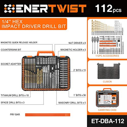 ENERTWIST Drill Bit Set, 112-Pieces 1/4" Hex Shank Impact Driver Bits and Screwdriver Bits Set Assorted in Tough Case for Wood Metal Cement Drilling and Screw Driving, ET-DBA-112 - style: 112PCS
