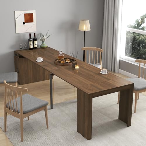 24"-118" Extendable Dining Table with Storage for 2-12 People, Modern Space-Saving Extra Long Wood Folding Table with USB & AC Outlets, Multifunctional Conference Meeting Table, Walnut - color: Walnut, style: 24" - 118.5" (2-12 People)