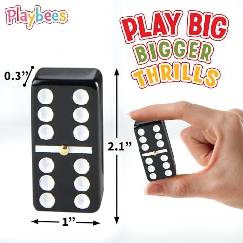 Playbees Jumbo Double Six Dominoes Set - 28 Black Classic Tiles in Faux Leather Case - Fun Educational Toy for Kids, Boys, Girls, Classroom Kit, Classic Game Night Party Favors Set, Travel-Friendly - size: Black, style: Classic