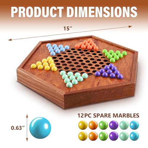 15" Large Upgraded Wooden Chinese Checkers Board Game, 16mm 60+12 Colorful Marbles, Easy Grasp, Storage Drawer, Perfect for Family Gathering