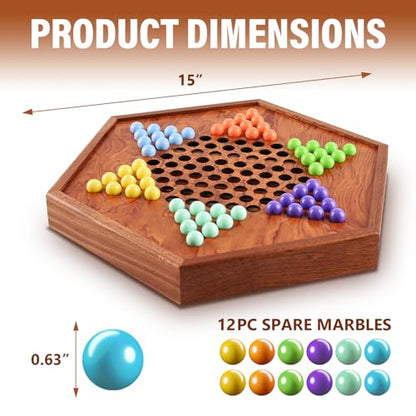 15" Large Upgraded Wooden Chinese Checkers Board Game, 16mm 60+12 Colorful Marbles, Easy Grasp, Storage Drawer, Perfect for Family Gathering