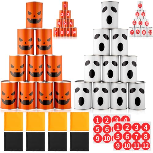 Soulchen 30 Pcs Halloween Carnival Bean Bag Toss Party Game, Knockdown Can Game Set Includes 20 Metal Cans, 8 Bean Bags and 2 Set Number Stickers for Family Gatherings, Backyard Fun & Carnival Party
