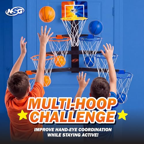 NSG Over The Door Basketball Hoop - Adjustable Height 7 Hoop Race Pyramid with 8 Mini Foam Balls & Carry Bag, Wall-Mounted, Easy Setup, Kids Indoor/Outdoor Game for Ages 5+ Years - style: Hoop Race