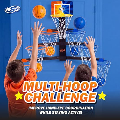NSG Over The Door Basketball Hoop - Adjustable Height 7 Hoop Race Pyramid with 8 Mini Foam Balls & Carry Bag, Wall-Mounted, Easy Setup, Kids Indoor/Outdoor Game for Ages 5+ Years - style: Hoop Race
