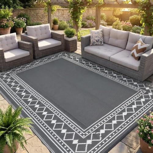 GarveeHome Waterproof Plastic Straw Outdoor Rug 9x18 Patio Reversible UV Resistant Foldable Camping Carpet Modern Border Large Outdoor Rugs for Deck, Picnic, Porch, Camper, Balcony, Beach, Grey - color: Charcoal Gray & White, size: 9' x 18' (Rectangular)