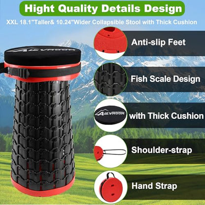ALEVMOOM Telescoping Stool with Thick Cushion, H18.1“ D10.24” Portable Collapsible More Sturdy Capacity 600Ib, Retractable Collapsible Camping Adjustable Folding Stool for Hiking Garden BBQ - color: Red