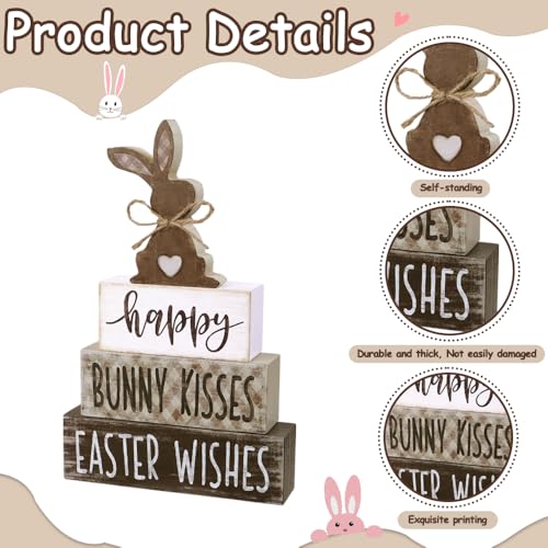 DIYDEC 4Pcs Easter Tabletop Decorations Bunny Wooden Block Signs Gift Rustic Tiered Tray Decor Happy Easter Centerpiece Farmhouse Wood Rabbit Table Sign for Kitchen Home Office Party Decor - style: Bunny
