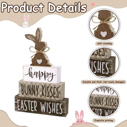 DIYDEC 4Pcs Easter Tabletop Decorations Bunny Wooden Block Signs Gift Rustic Tiered Tray Decor Happy Easter Centerpiece Farmhouse Wood Rabbit Table Sign for Kitchen Home Office Party Decor - style: Bunny