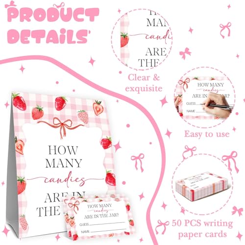 Strawberry Baby Shower Decorations,Strawberry Guess How Many Baby Shower Game,Guess How Many Candies Are In The Jar,Birthday Party Game & Activities 50 Cards And Sign - size: strawberry2