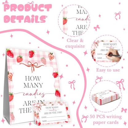 Strawberry Baby Shower Decorations,Strawberry Guess How Many Baby Shower Game,Guess How Many Candies Are In The Jar,Birthday Party Game & Activities 50 Cards And Sign - size: strawberry2