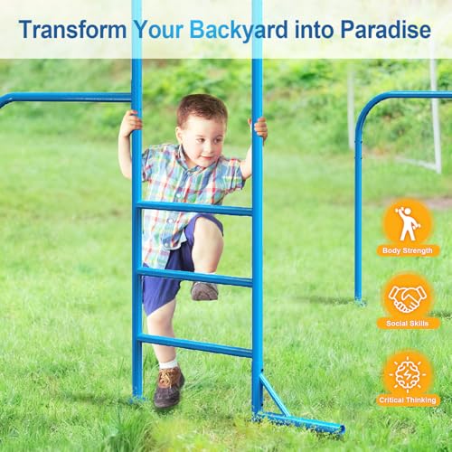 Monkey Bars for Kids, Outdoor Monkey Bar Set with Climbing Frame, Heavy-Duty Metal Playground Climbing Playset for Backyard, Kids Jungle Gym for Aged 3+