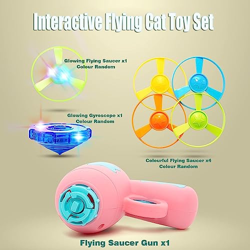 Cat Fetch Toy, Interactive Flying Cat Toy with 1 Light Up Spinning Tops, 1 LED Propellers and 4 Flying Propellers,Kitten Tracks Toy for Training Hunting Chasing(Pink) - color: Pink