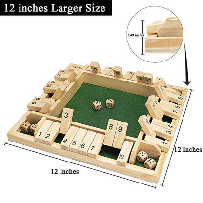 AMEROUS 12 Inches Shut The Box Family Game (1-4 Players), 4 Sided Large Wooden Number Dice Board Game with 12 Dices and Shut The Box Rules for Kids, Adults - size: 12 inches