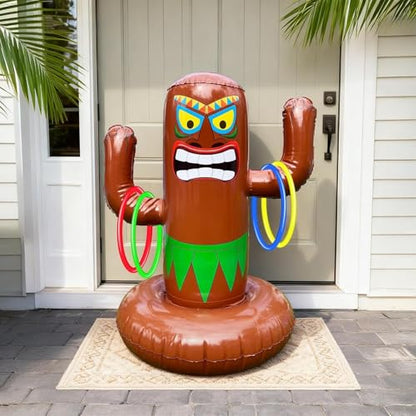 27" Inflatable Luau Tiki Pool Toss Games, Tiki Pool Ring Toss Toys with 4 Rings for Adults Indoor Outdoor Tropical Summer Swimming Inflatable Bean Bags Toss Hawaiian Luau Party Supplies - color: Inflatable Tiki Pool Ring Toss
