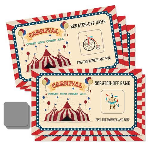 50 Pcs Carnival Come One Come All Scratch Off Game Cards, Retro Circus Theme Scratch Cards for Birthday Circus Party Baby Shower, Classroom Party Supplies, Lottery Group Games Activity - color: Yellow