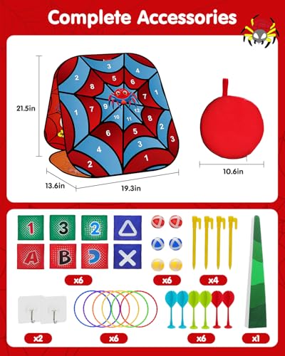 5-in-1 Bean Bag Toss Game for Kids Ages 3-8, Outdoor Cornhole Set with 3 Interchangeable Boards (Toss/Dart/Tic-Tac-Toe), Includes 8 Beanbags 6 Balls/Darts/Rings, Backyard Toys for Boys - style: Spider
