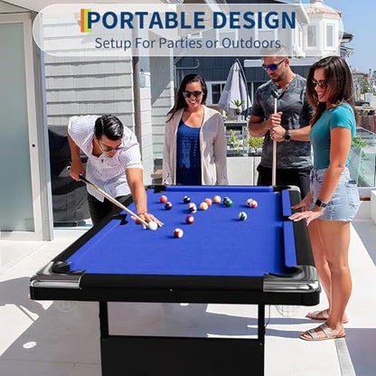 6-7 ft Folding Pool Table Set, Portable Billiard Table with Stable Steel Frame, Includes Balls, Cues, Chalks and Brush for Family Game Room, Basement