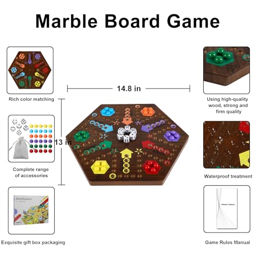 Wahoo Marble Board Game 4 and 6 Players 2 Sided Painted Thicken Wood Board Game for Family Friends Party - color: Flame, style: 15 Inch