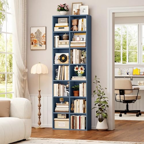 FOTOSOK 71'' Tall Bookshelf with 14 Cubes, 7 Tier Double Wide Bookshelf with 6 Adjustable Shelves, 19.6" Narrow Bookcase DVD/CD Media Storage Shelf, Space Saving Display Shelf Cabinet, Blue - color: Blue