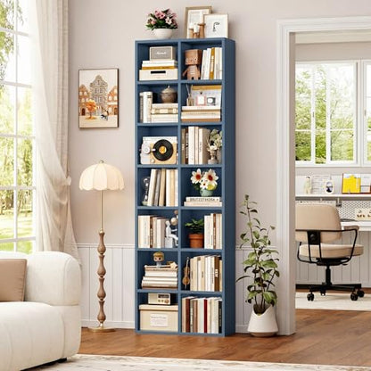 FOTOSOK 71'' Tall Bookshelf with 14 Cubes, 7 Tier Double Wide Bookshelf with 6 Adjustable Shelves, 19.6" Narrow Bookcase DVD/CD Media Storage Shelf, Space Saving Display Shelf Cabinet, Blue - color: Blue