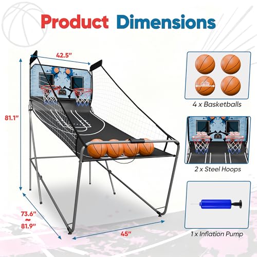Foldable Indoor Basketball Arcade Game with Electronic Scoreboard 4 Balls and Pump, Double Shot Electronic Sport Game for Two Players