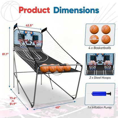 Foldable Indoor Basketball Arcade Game with Electronic Scoreboard 4 Balls and Pump, Double Shot Electronic Sport Game for Two Players