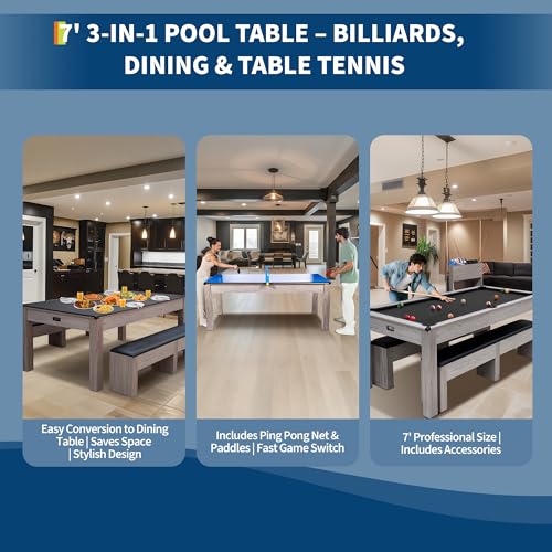 7FT 3-in-1 Convertible Pool Table for Home & Game Rooms – Billiard, Dining, and Table Tennis Combo – Includes Cue Sticks, Balls, Table Tennis Accessories, and Rolling Storage Cart – - color: Black