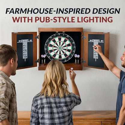 Hathaway Farmington 18-in Bristle Dart Board and Cabinet Set – Includes Self Healing Sisal Board, Rotatable Number Ring, Chalk Scoreboards & Steel-Tip Darts - Complete Dart Accessories - Walnut