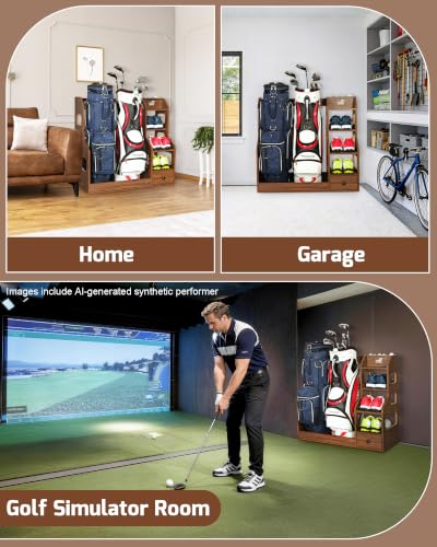 Mythinglogic Wooden Golf Bag Storage Rack, Golf Organizer with Shoe Shelves, Ball Holder & Drawer, MDF Golf Equipment Storage Cabinet for Home, Garage or Simulator Room - size: 2 golf bag rack-Brown