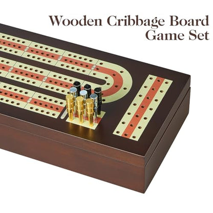 BIVOMON Cribbage Board Game Set Continuous 3 Track Wooden Board with Magnetic Lock, 9 Metal Pegs, 2 Playing Cards, Large Storage Area, Travel Portable Travel Cribbage Boards for Adult Child