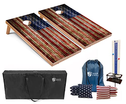 Tailgating Pros Cornhole Boards - 4'x2' Regulation Boards w/Carrying Case, Score Keeper, & Set of 8 Corn Filled Bags w/Tote - size: 4'x2' Boards w/ LED Ring Lights, style: Rustic Flag